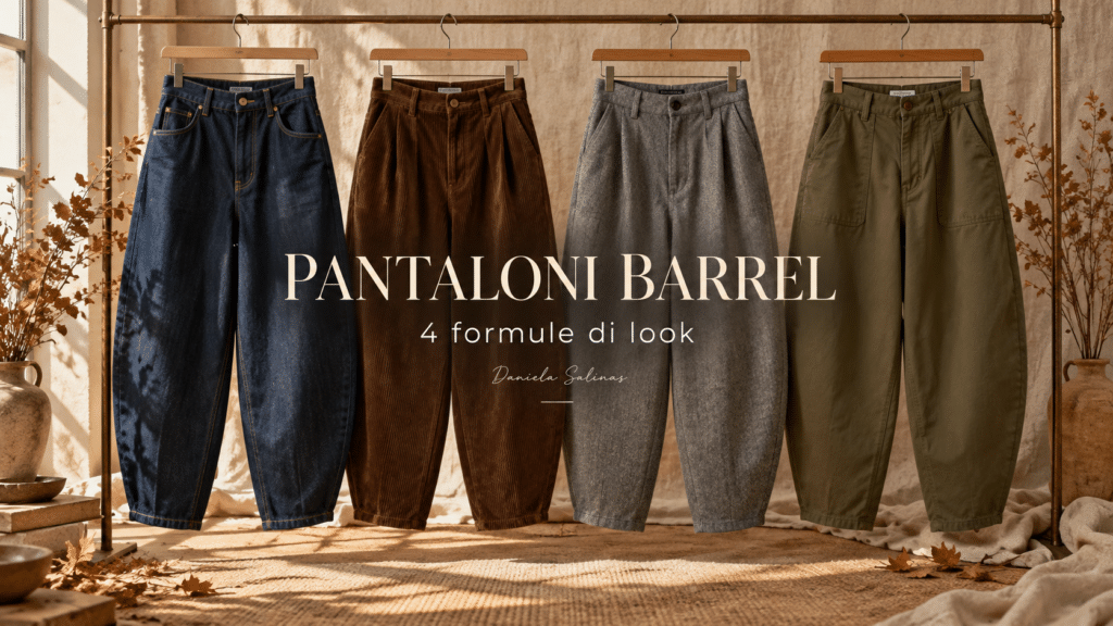 Testo alternativo: Quattro pantaloni barrel appesi su grucce, in denim blu, velluto a coste marrone, lana grigia e cotone verde oliva. La cover autunnale riporta la scritta “Pantaloni barrel: come abbinarli” e il nome Daniela Salinas.
