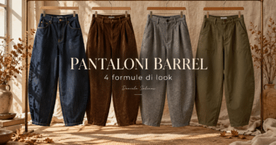 Testo alternativo: Quattro pantaloni barrel appesi su grucce, in denim blu, velluto a coste marrone, lana grigia e cotone verde oliva. La cover autunnale riporta la scritta “Pantaloni barrel: come abbinarli” e il nome Daniela Salinas.
