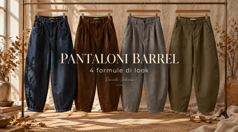 Testo alternativo: Quattro pantaloni barrel appesi su grucce, in denim blu, velluto a coste marrone, lana grigia e cotone verde oliva. La cover autunnale riporta la scritta “Pantaloni barrel: come abbinarli” e il nome Daniela Salinas.
