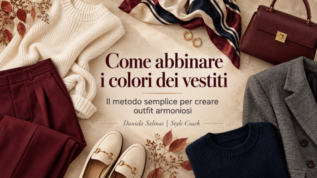 Cover editoriale dell’articolo “Come abbinare i colori dei vestiti: il metodo semplice per creare outfit armoniosi”, con maglione panna, pantaloni bordeaux, blazer grigio, maglia blu navy, foulard, borsa e accessori disposti su uno sfondo beige autunnale.