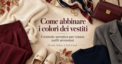 Cover editoriale dell’articolo “Come abbinare i colori dei vestiti: il metodo semplice per creare outfit armoniosi”, con maglione panna, pantaloni bordeaux, blazer grigio, maglia blu navy, foulard, borsa e accessori disposti su uno sfondo beige autunnale.