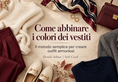 Cover editoriale dell’articolo “Come abbinare i colori dei vestiti: il metodo semplice per creare outfit armoniosi”, con maglione panna, pantaloni bordeaux, blazer grigio, maglia blu navy, foulard, borsa e accessori disposti su uno sfondo beige autunnale.