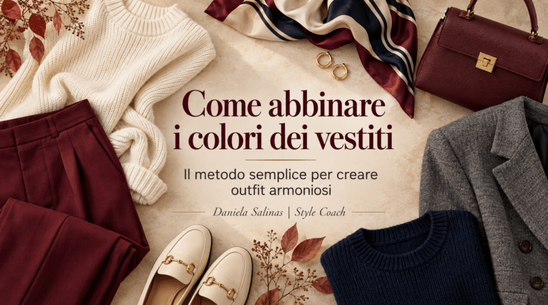 Cover editoriale dell’articolo “Come abbinare i colori dei vestiti: il metodo semplice per creare outfit armoniosi”, con maglione panna, pantaloni bordeaux, blazer grigio, maglia blu navy, foulard, borsa e accessori disposti su uno sfondo beige autunnale.