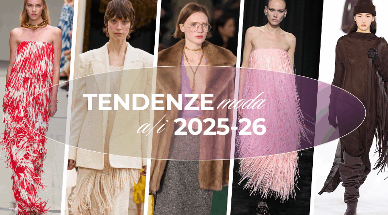 Tendenze moda A/I 2025-26: il ritorno delle frange La foto è un collage fashion che celebra le tendenze della prossima stagione autunno/inverno 2025-26. Cinque modelle sfilano con outfit audaci e ricchi di personalità, accomunati da un elemento chiave: le frange. Dai vestiti rossi e rosa shocking, al cappotto marrone con inserti in pelliccia, fino agli stivali alti e alle texture elaborate, ogni look racconta una storia di movimento, stile e carattere. Le frange dominano la scena, confermando il loro ruolo da protagoniste nel guardaroba della nuova stagione. 📌 Riassunto: La moda A/I 2025-26 punta su capi con frange, colori decisi e silhouette dinamiche. Un mix di eleganza e audacia che invita a sperimentare e a giocare con i volumi e le texture. 👉 Vuoi scoprire come valorizzare questi trend secondo la tua palette cromatica? Leggi l’articolo di Daniela Salinas su Armocromia e Stile a Napoli: un viaggio nella consapevolezza del colore, per imparare a scegliere ciò che ti dona davvero e trasformare il tuo armadio in uno spazio di energia e autenticità.